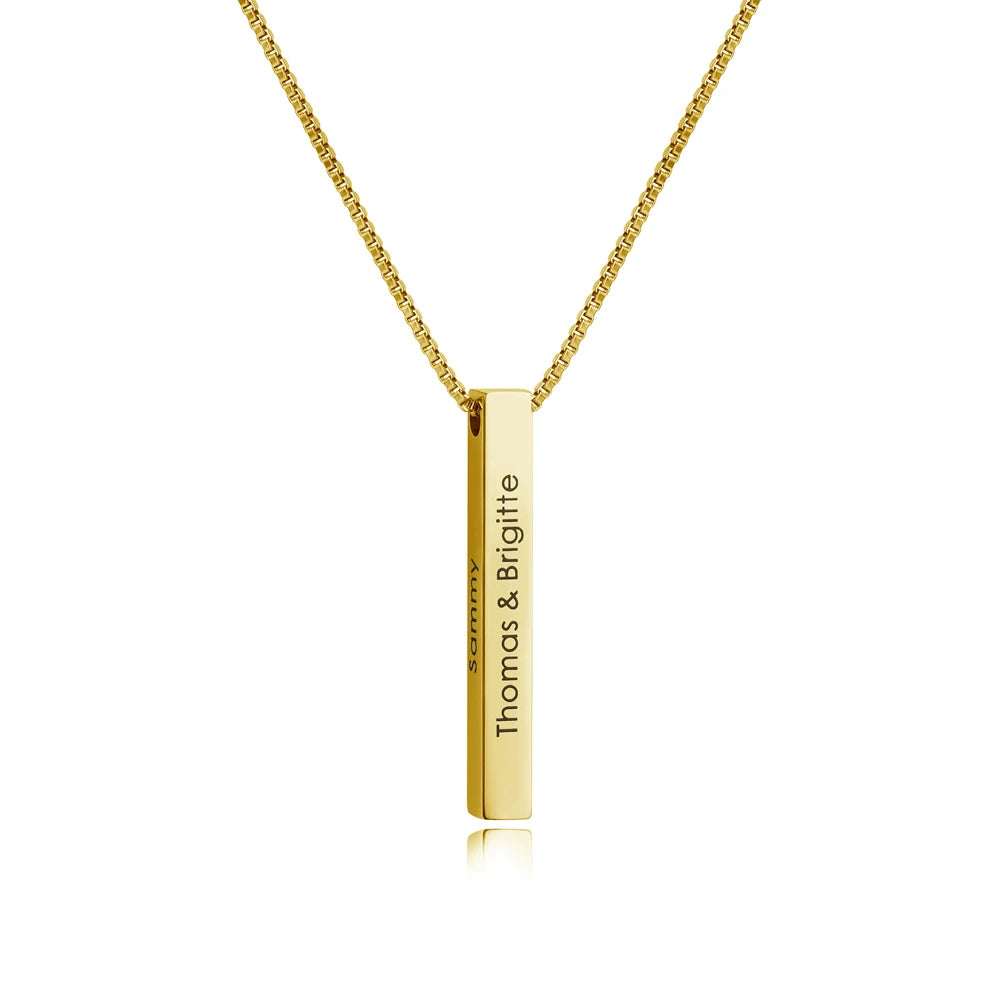 3D Vertical Bar Necklace Personalized 4 Side Engraved Text Box Chain Stainless Steel Jewelry Gifts for Women Men 4 Colors
