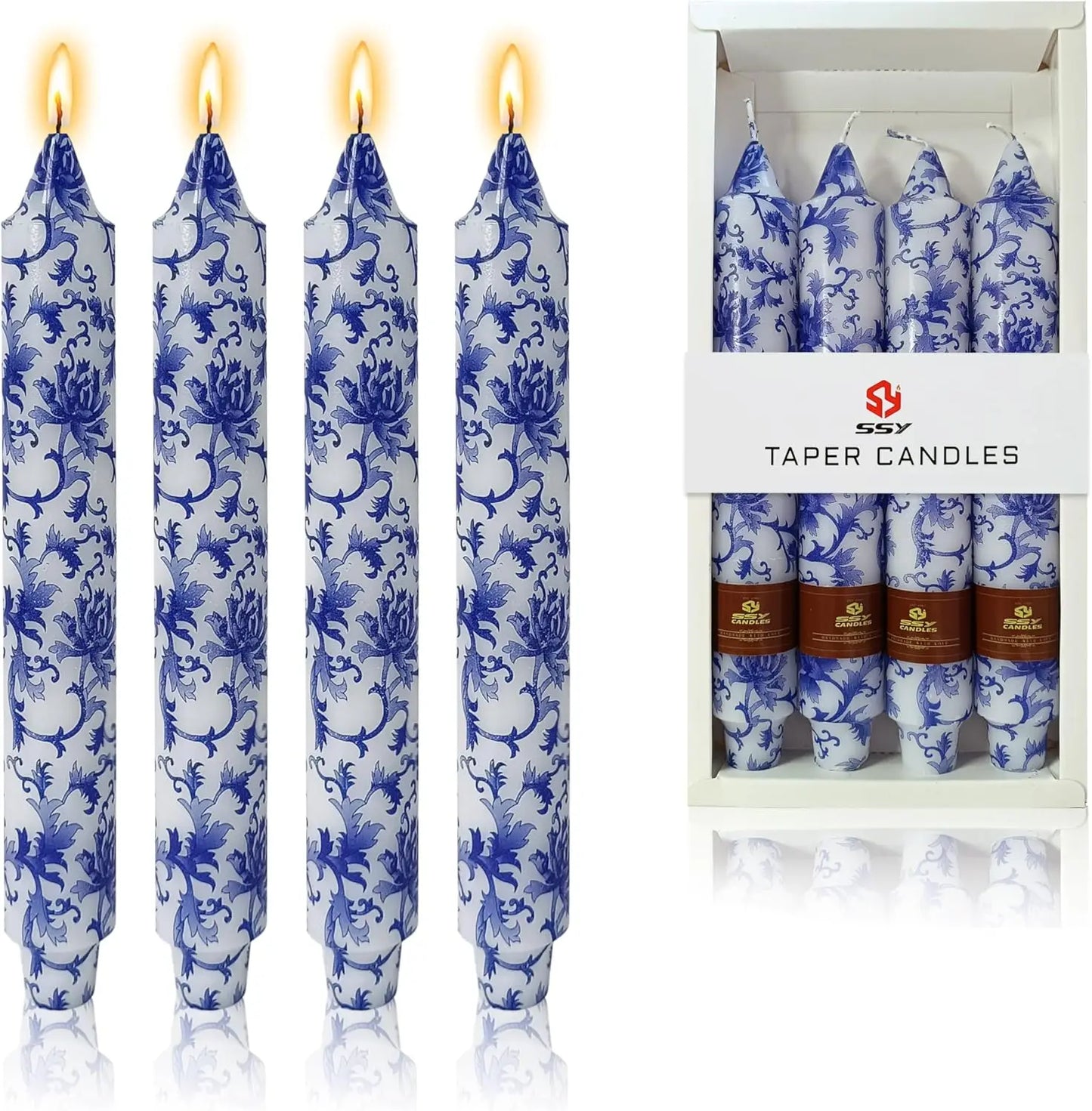 9 Inch Blue White Porcelain Taper Candles Flowers Printed 4 Pack Smokeless Unscented Home Decor Special Occasions
