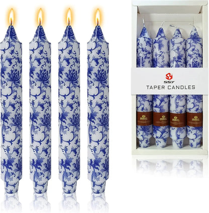 9 Inch Blue White Porcelain Taper Candles Flowers Printed 4 Pack Smokeless Unscented Home Decor Special Occasions