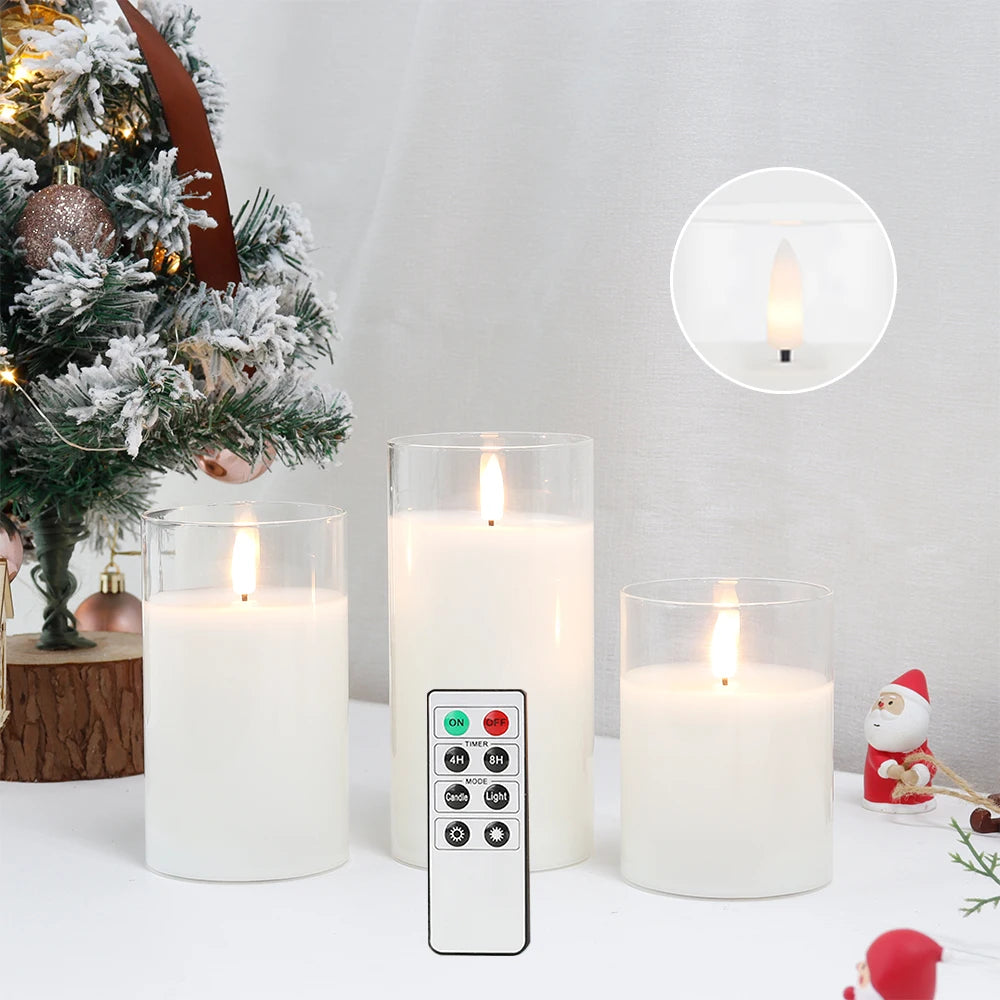 Set of 3 Glass Wax Flameless 3D LED Candles White Flickering Battery Candles with 8-Key Remote Control Timer for Christmas