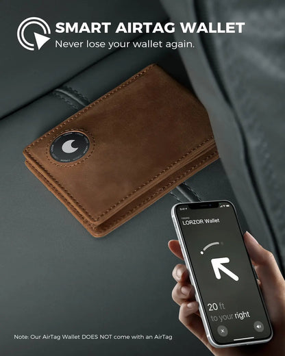 THUMBS-UP Slim Crazy Horse Leather Brown RFID Blocking Bifold Money Clip Air Tag Men Wallet