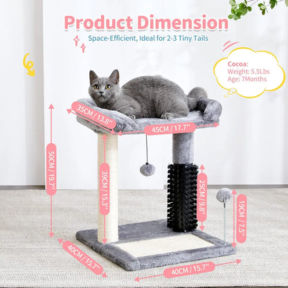 Post Natural Sisal Plush Perch Bed  Dangling Toys Small 4-in-1 Cat Tree with Self Groomer - 20" Tall Grey Indoor Cat Scratching