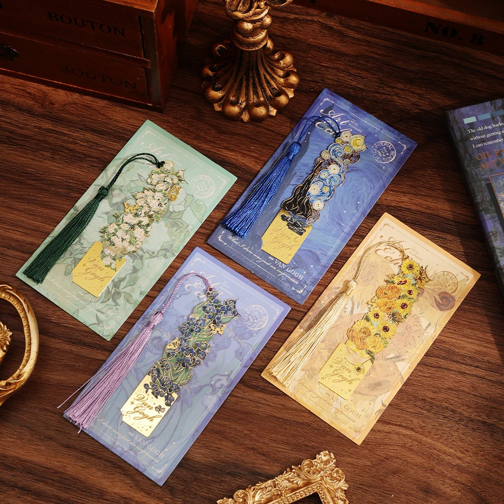 IMODA Stationery 8pcs/pack Golden Hollow Metal Bookmark With Tassel Van Gogh Painting Book Marks for Students Teachers Men Women