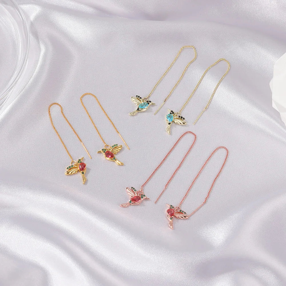 Fashion Jewelry Unique Little Bird Drop Earrings Hummingbird Tassel Crystal Pendant Earrings for Women Elegant Gift