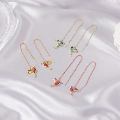 Fashion Jewelry Unique Little Bird Drop Earrings Hummingbird Tassel Crystal Pendant Earrings for Women Elegant Gift