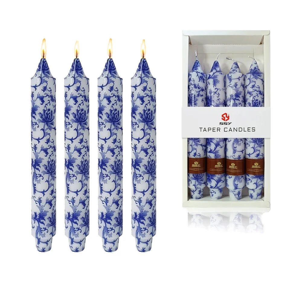 9 Inch Blue White Porcelain Taper Candles Flowers Printed 4 Pack Smokeless Unscented Home Decor Special Occasions