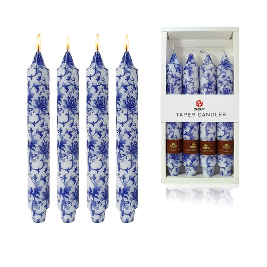 9 Inch Blue White Porcelain Taper Candles Flowers Printed 4 Pack Smokeless Unscented Home Decor Special Occasions