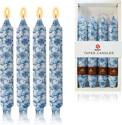 9 Inch Blue White Porcelain Taper Candles Flowers Printed 4 Pack Smokeless Unscented Home Decor Special Occasions
