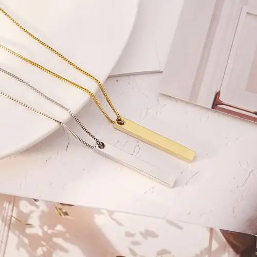 3D Vertical Bar Necklace Personalized 4 Side Engraved Text Box Chain Stainless Steel Jewelry Gifts for Women Men 4 Colors