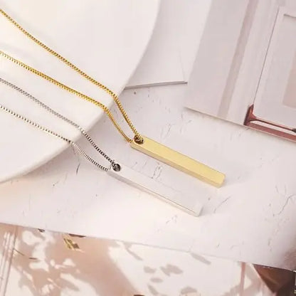 3D Vertical Bar Necklace Personalized 4 Side Engraved Text Box Chain Stainless Steel Jewelry Gifts for Women Men 4 Colors