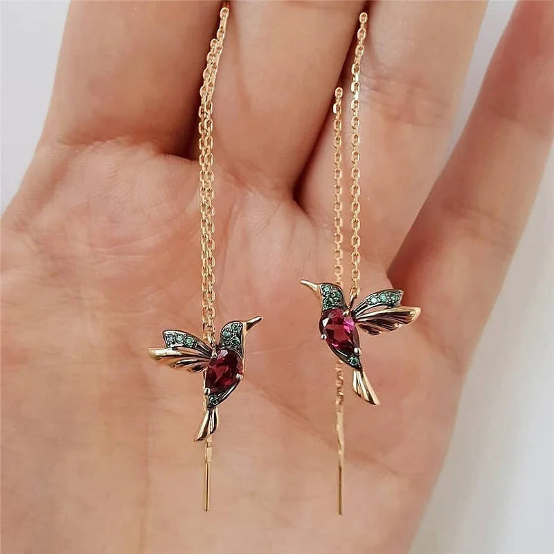 Fashion Jewelry Unique Little Bird Drop Earrings Hummingbird Tassel Crystal Pendant Earrings for Women Elegant Gift