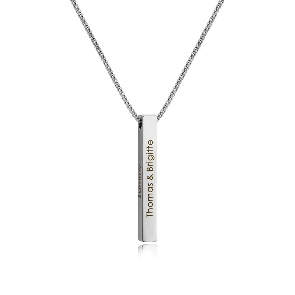 3D Vertical Bar Necklace Personalized 4 Side Engraved Text Box Chain Stainless Steel Jewelry Gifts for Women Men 4 Colors