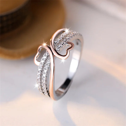 White Zircon Rose Gold Double Heart Engagement Rings for Women Vintage Silver Color Ring Wedding Jewelry Valentine's Day Gifts