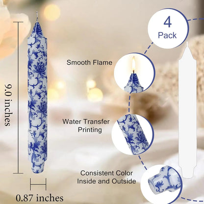 9 Inch Blue White Porcelain Taper Candles Flowers Printed 4 Pack Smokeless Unscented Home Decor Special Occasions
