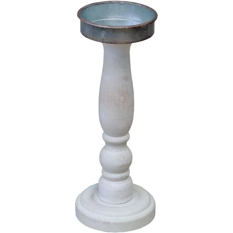 Paris Loft White Distressed Carved Wooden Pillar Candle Holder for Table Mantle, Shabby Chic Wooden Candle Holder Stick Stand fo