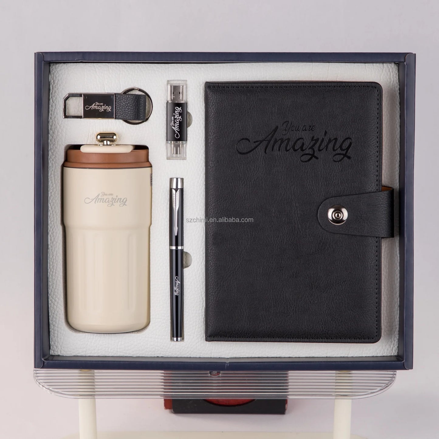 High End Office Gift Set: Notebook, Pen, Keychain, Tumbler & USB, Ideal for Business Trips, Company Events