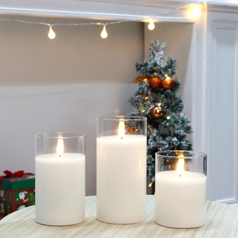 Set of 3 Glass Wax Flameless 3D LED Candles White Flickering Battery Candles with 8-Key Remote Control Timer for Christmas
