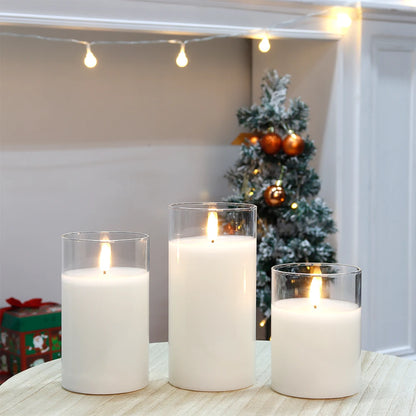 Set of 3 Glass Wax Flameless 3D LED Candles White Flickering Battery Candles with 8-Key Remote Control Timer for Christmas