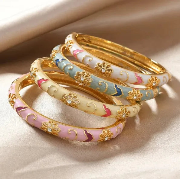 Enamel Open Bangle Bracelet for Women Palace Style Chinese Jingtailan Inspired Fashion Jewelry with Cloud Brocade Design
