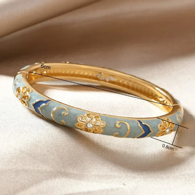 Enamel Open Bangle Bracelet for Women Palace Style Chinese Jingtailan Inspired Fashion Jewelry with Cloud Brocade Design