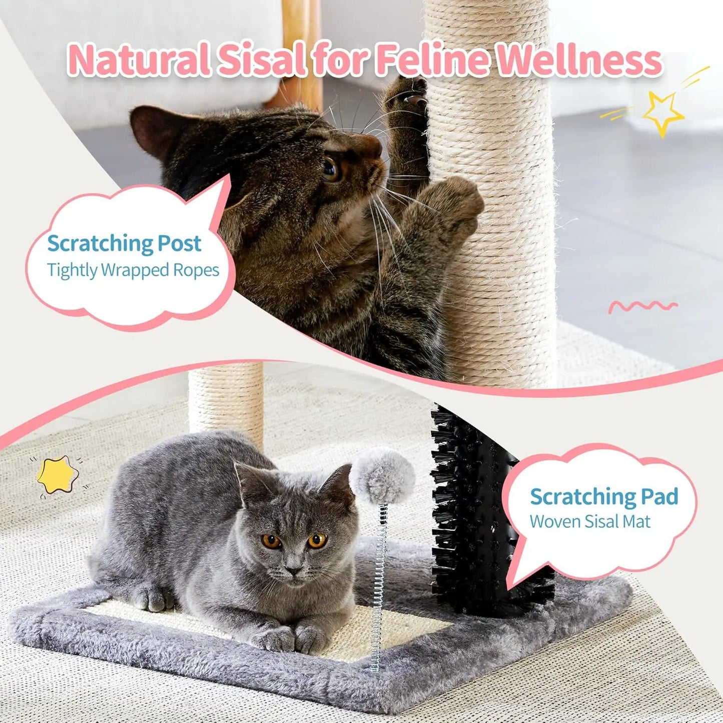 Post Natural Sisal Plush Perch Bed  Dangling Toys Small 4-in-1 Cat Tree with Self Groomer - 20" Tall Grey Indoor Cat Scratching