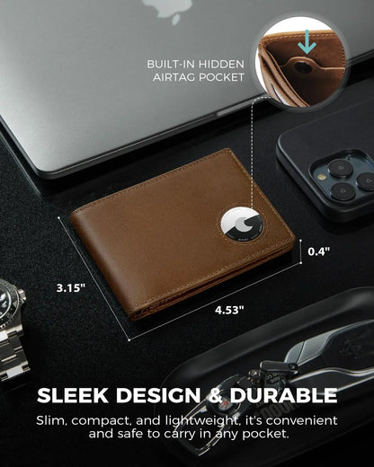 THUMBS-UP Slim Crazy Horse Leather Brown RFID Blocking Bifold Money Clip Air Tag Men Wallet
