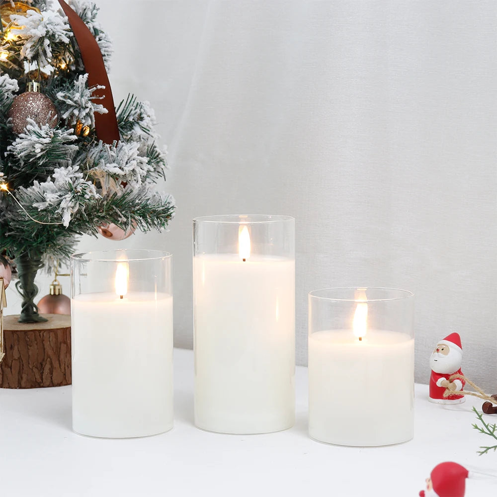 Set of 3 Glass Wax Flameless 3D LED Candles White Flickering Battery Candles with 8-Key Remote Control Timer for Christmas