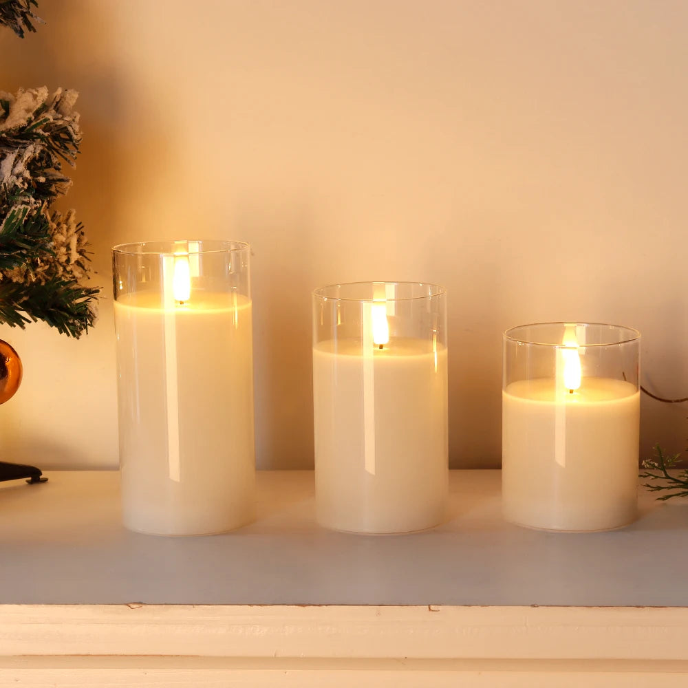Set of 3 Glass Wax Flameless 3D LED Candles White Flickering Battery Candles with 8-Key Remote Control Timer for Christmas