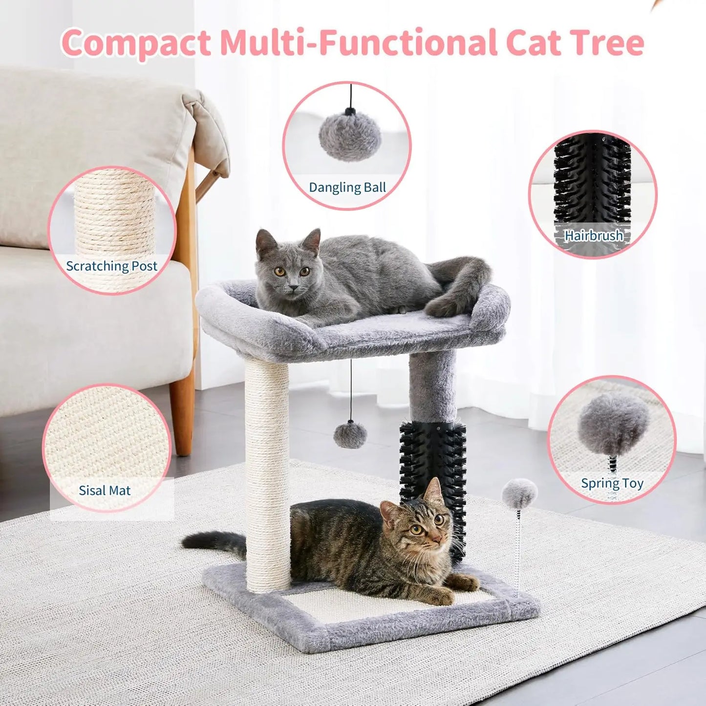 Post Natural Sisal Plush Perch Bed  Dangling Toys Small 4-in-1 Cat Tree with Self Groomer - 20" Tall Grey Indoor Cat Scratching
