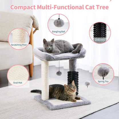 Post Natural Sisal Plush Perch Bed  Dangling Toys Small 4-in-1 Cat Tree with Self Groomer - 20" Tall Grey Indoor Cat Scratching