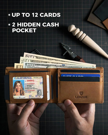 THUMBS-UP Slim Crazy Horse Leather Brown RFID Blocking Bifold Money Clip Air Tag Men Wallet