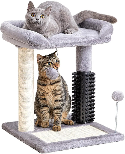 Post Natural Sisal Plush Perch Bed  Dangling Toys Small 4-in-1 Cat Tree with Self Groomer - 20" Tall Grey Indoor Cat Scratching
