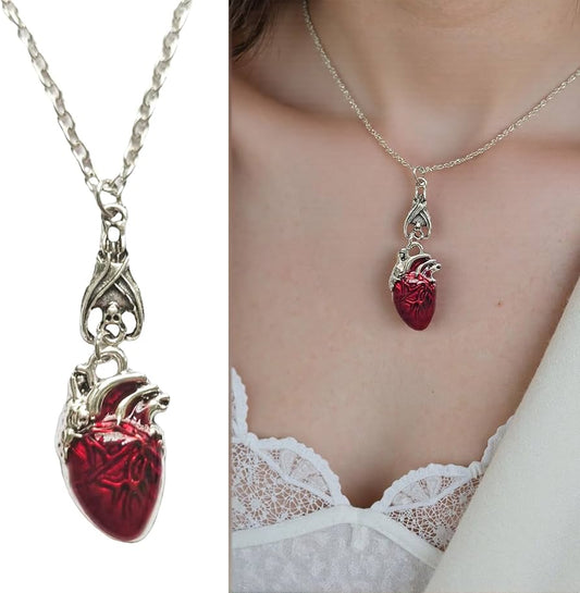 Anatomical Heart Pendant Necklace, Red Silver Pendant, Gothic Style Jewelry