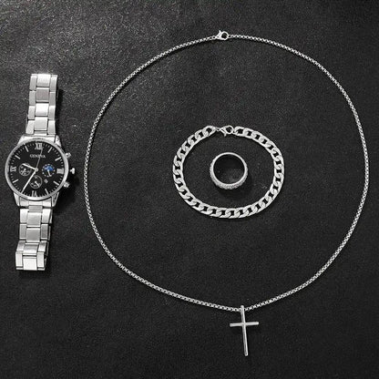 Men's Fashion 4-Piece Set: Calendar Quartz Watch, Silver Cross Pendant Necklace, Ring and Bracelet - HORA GIFT