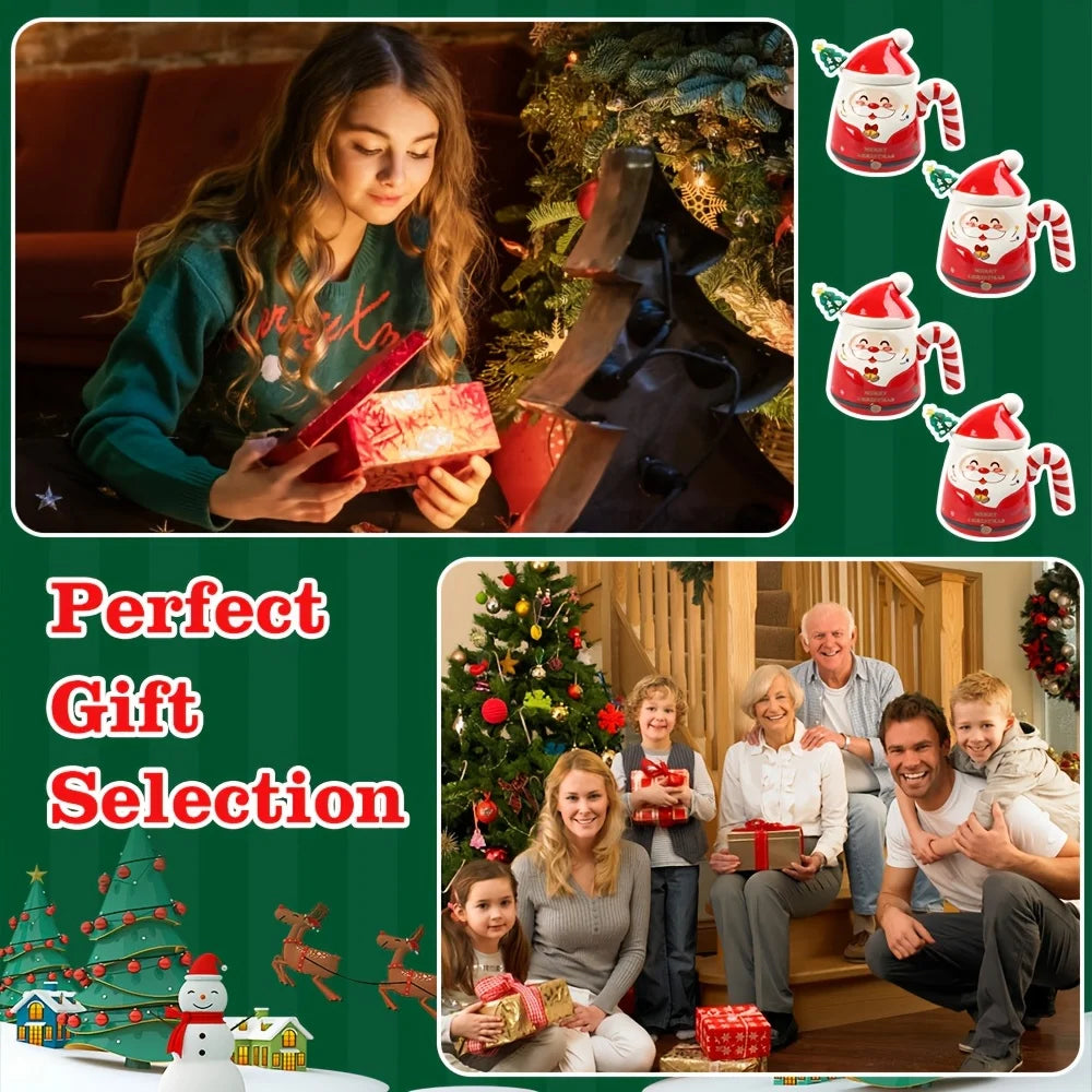 KEPEAK Christmas Santa Claus Ceramic Mugs with Lids and Spoons Animal Print Portable BPA-Free Festive Coffee Cups Set for Gifts