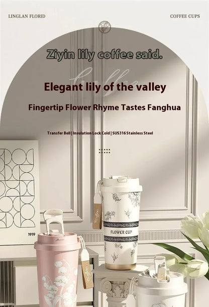 Lily Of The Valley Design Travel Portable Leakproof Coffee Cup Stainless Steel Insulated Bottle Cold Cup Handy Cup