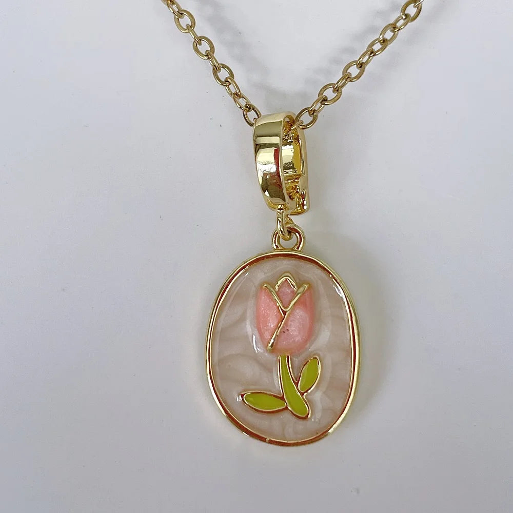 Vintage Rectangular Pendant Necklace with Enamel Floral Design in Stainless Steel