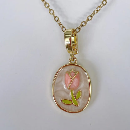 Vintage Rectangular Pendant Necklace with Enamel Floral Design in Stainless Steel