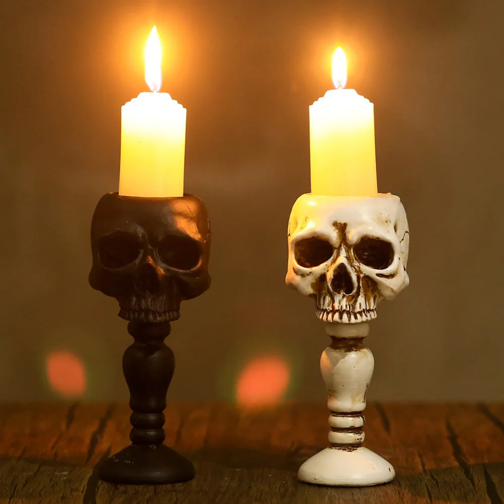 Pillar Candlestick Holder Gothic Skull Tealight Holder Resin Candlestick Table Decor Ornament for Halloween Decorations