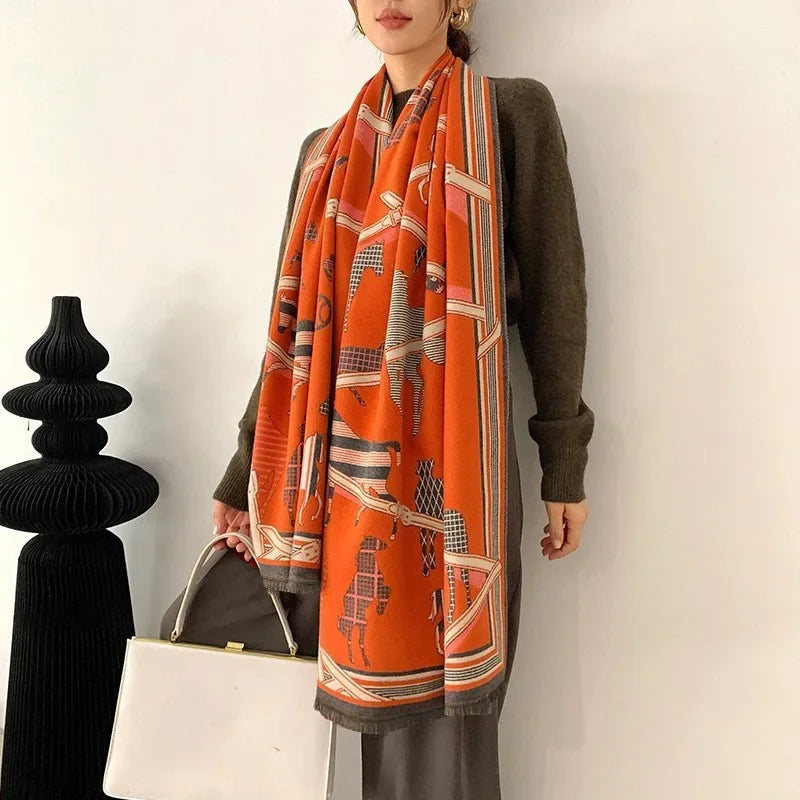 Winter Cashmere Scarf Women Luxury Horse Print Female Shawl Wrap Scarves Lady Thick Warm Blanket Gift Echarpe Pashmina