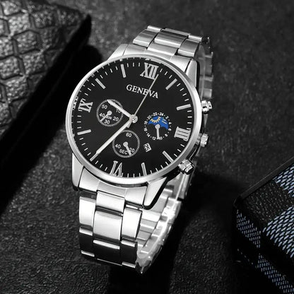 Men's Fashion 4-Piece Set: Calendar Quartz Watch, Silver Cross Pendant Necklace, Ring and Bracelet - HORA GIFT