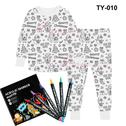 Christmas Colorable Two Piece Pajama Set for Children Boys Girls Hallowmas Pyjamas Kids DIY Coloring Kit for Pajama Party - HORA GIFT