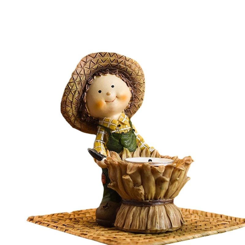 Fall Harvest Pumpkin Boy Tealight Candle Holder Centerpiece Thanksgiving Resin Figurine Fairy Garden Statue Table Decor