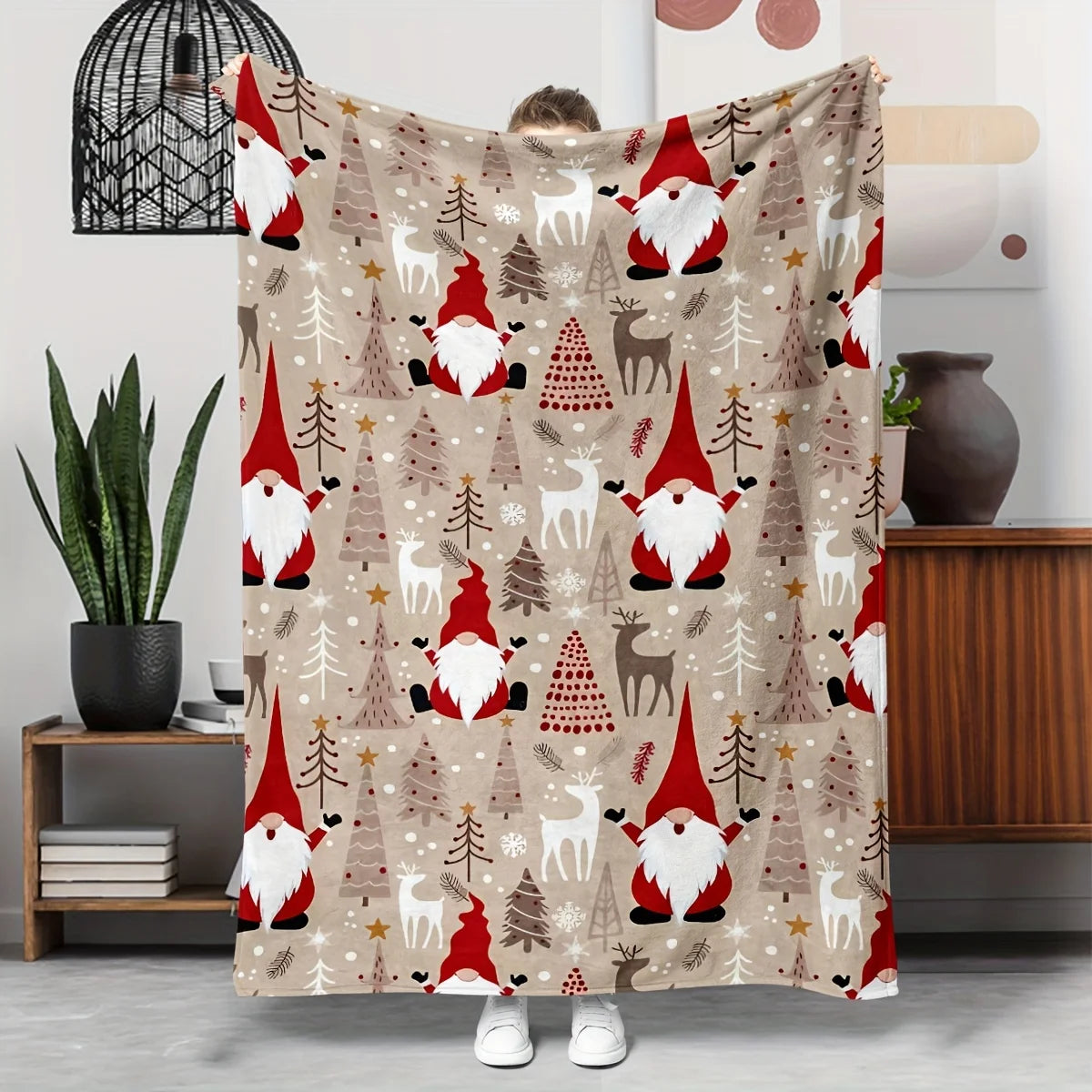 1pc Cozy Christmas Gnome & Reindeer Throw Blanket - Ultra-Soft Flannel, All-Season Comfort, Hypoallergenic, Machine Washable