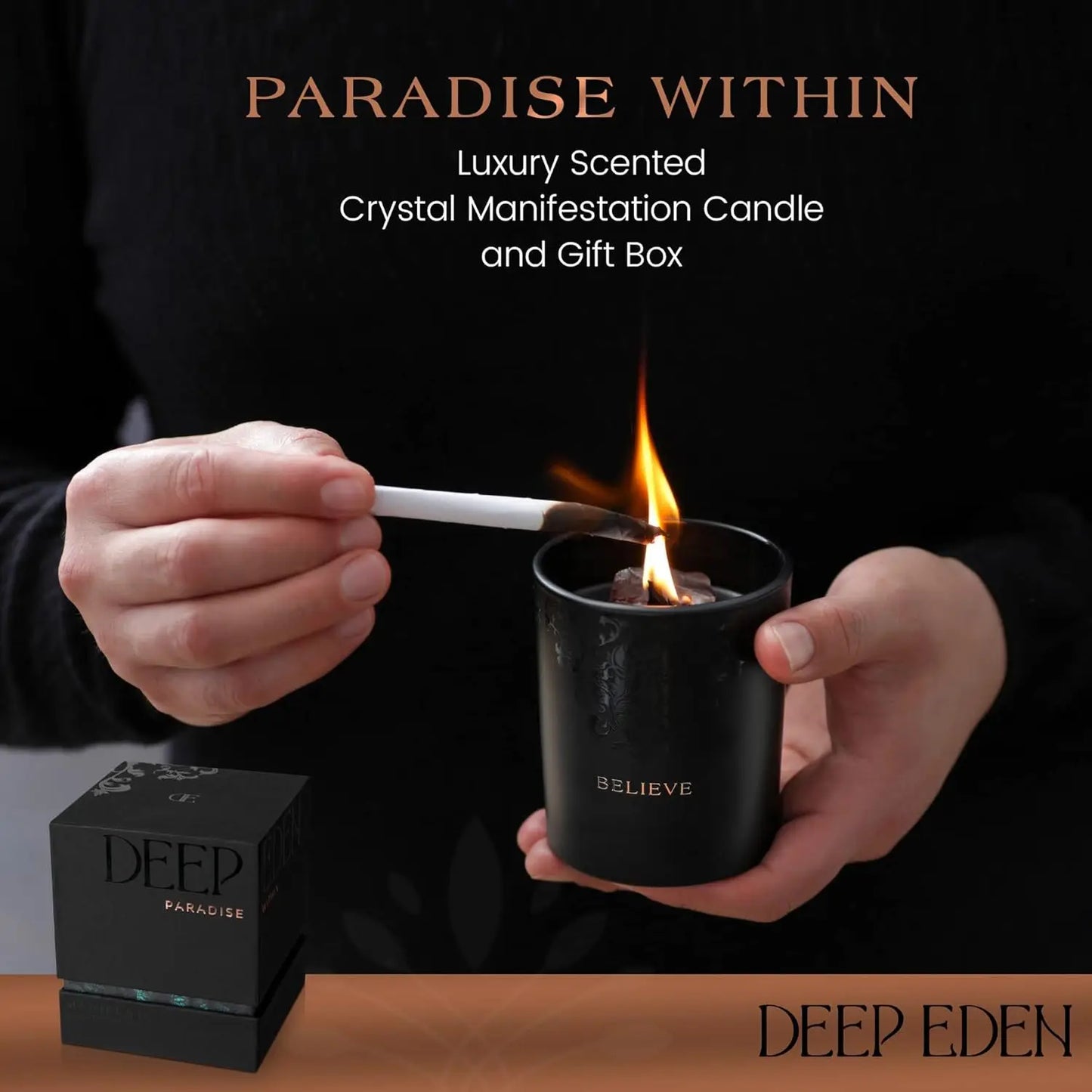 Manifestation Crystal Candle with Quartz - Black Orchid Pine Moss Scent - Natural Soy Wax Wood Wick for Meditation