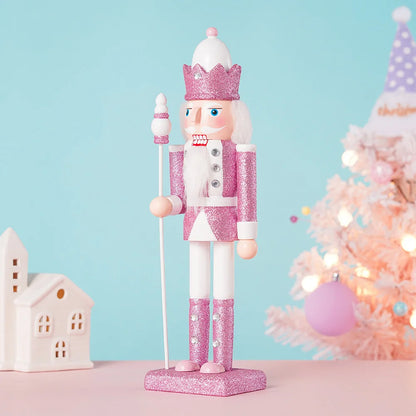 30cm Christmas Wooden Pink King Nutcracker Soldier Ornaments Handmade Pink Puppet Toys Office Desktop Christmas Decoration Gifts