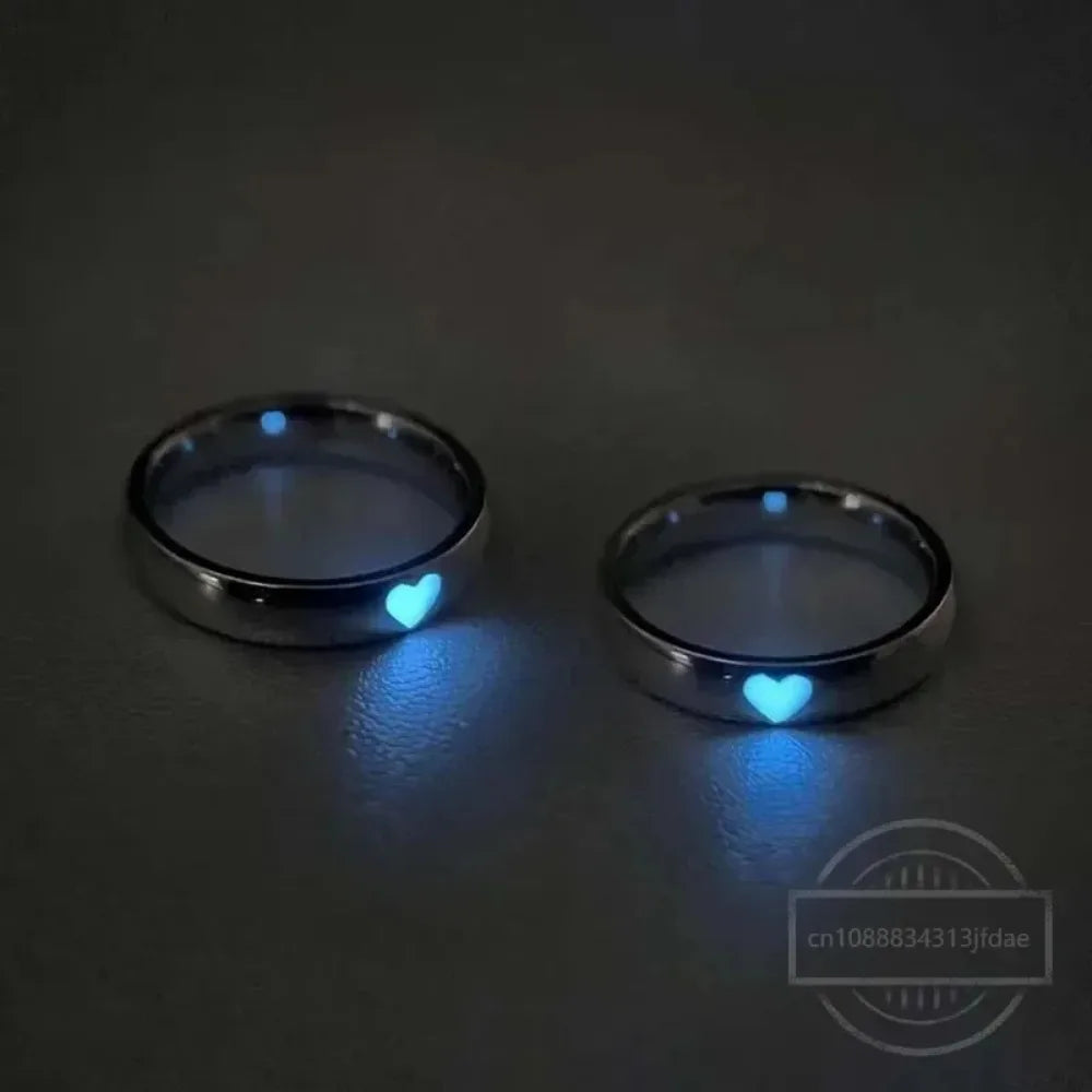 Fashion Blue Pink Love Heart Luminous Couple Ring for Women Men Vintage Glow In Dark Opening Adjustable Rings Jewelry Gifts