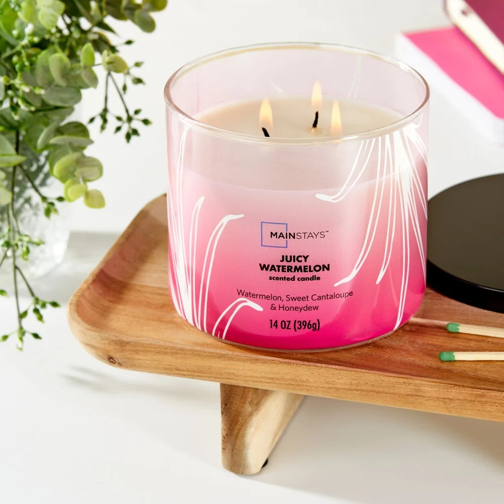 3-Wick Juicy Watermelon Scented Candle Paraffin Blend Wax 14-Ounce Container Long Lasting 65 Hours Burn Time Perfect Gift Home