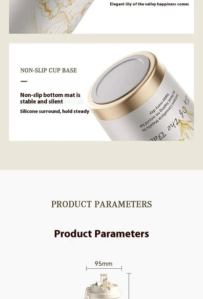 Lily Of The Valley Design Travel Portable Leakproof Coffee Cup Stainless Steel Insulated Bottle Cold Cup Handy Cup