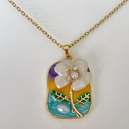 Vintage Rectangular Pendant Necklace with Enamel Floral Design in Stainless Steel